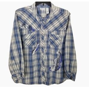 Liz Me CATHERINES Womens Western Pearl Snap Shirt‎ Sz 3X Plaid Embroidered NEW